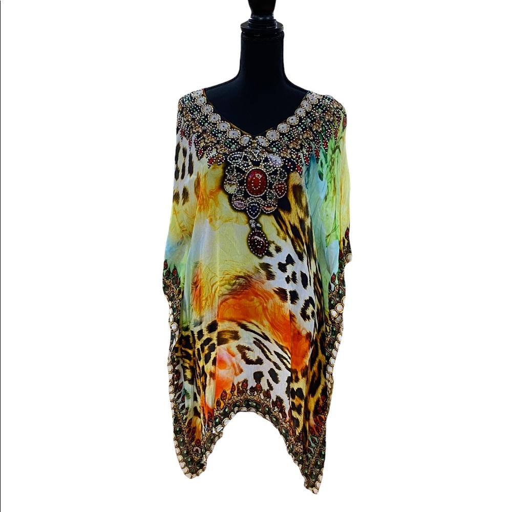 Leopard/cheetah print beach cover up poncho  style with bling  . Size XL